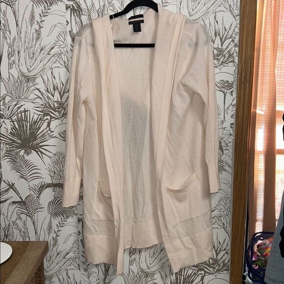 RACHEL Rachel Roy Cream 100% Extra Fine Merino Wool Open Cardigan Sweater Hooded - Picture 1 of 4